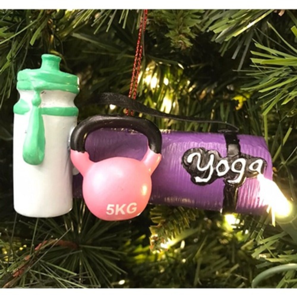 Exercise Themed Ornament Christmas Tree Yoga Mat Water Bottle Weight Workout